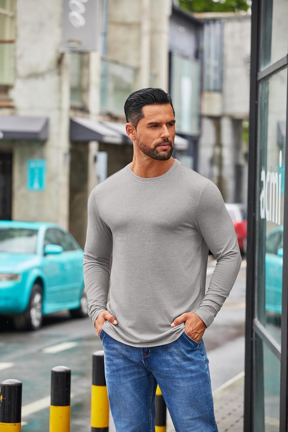 imageCOOFANDY Mens Crew Neck TShirt Long Sleeve Casual Pullover Tees Soft Stretch Basic Tee ShirtsLight Grey