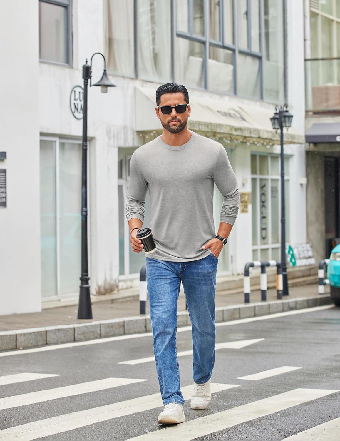 imageCOOFANDY Mens Crew Neck TShirt Long Sleeve Casual Pullover Tees Soft Stretch Basic Tee ShirtsLight Grey