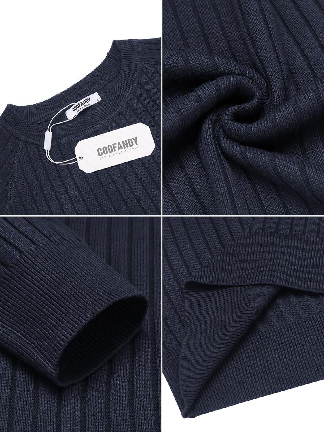 imageCOOFANDY Mens Crewneck Pullover Sweaters Business Casual Long Sleeve Slim Fit Sweater Chunky Cable Knit SweaterDark Bluenarrow Ribs