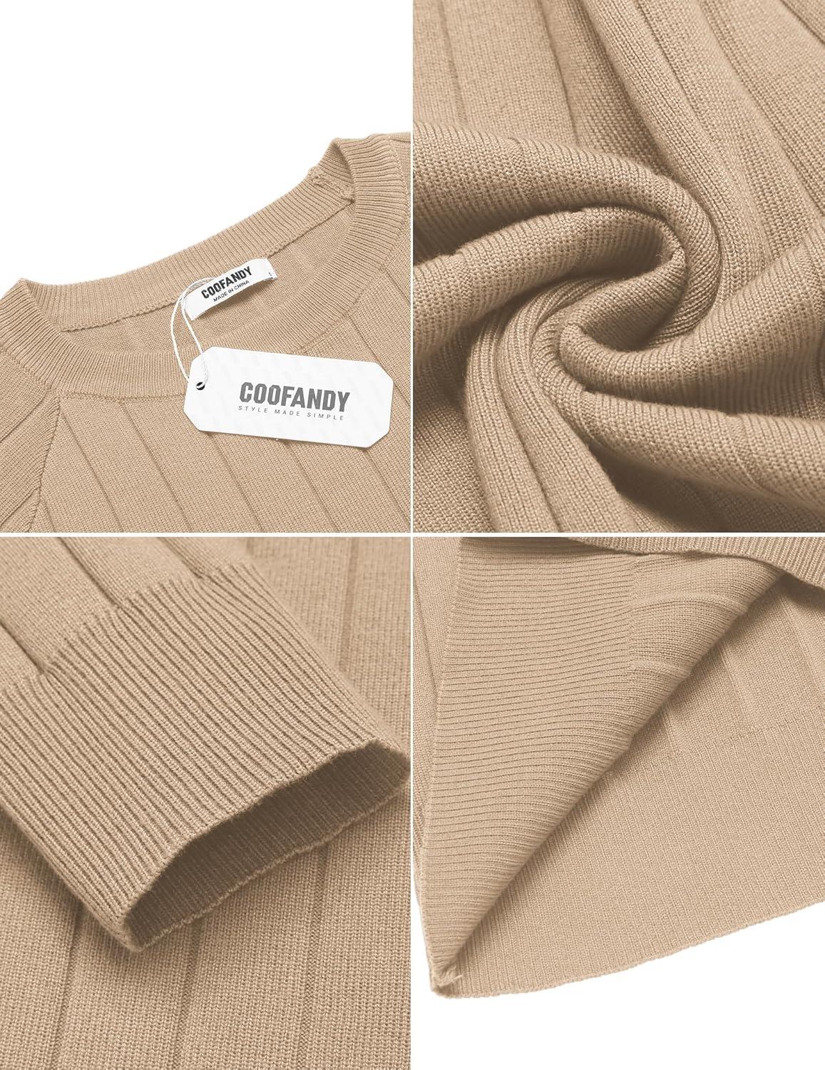 imageCOOFANDY Mens Crewneck Pullover Sweaters Business Casual Long Sleeve Slim Fit Sweater Chunky Cable Knit SweaterKhaki