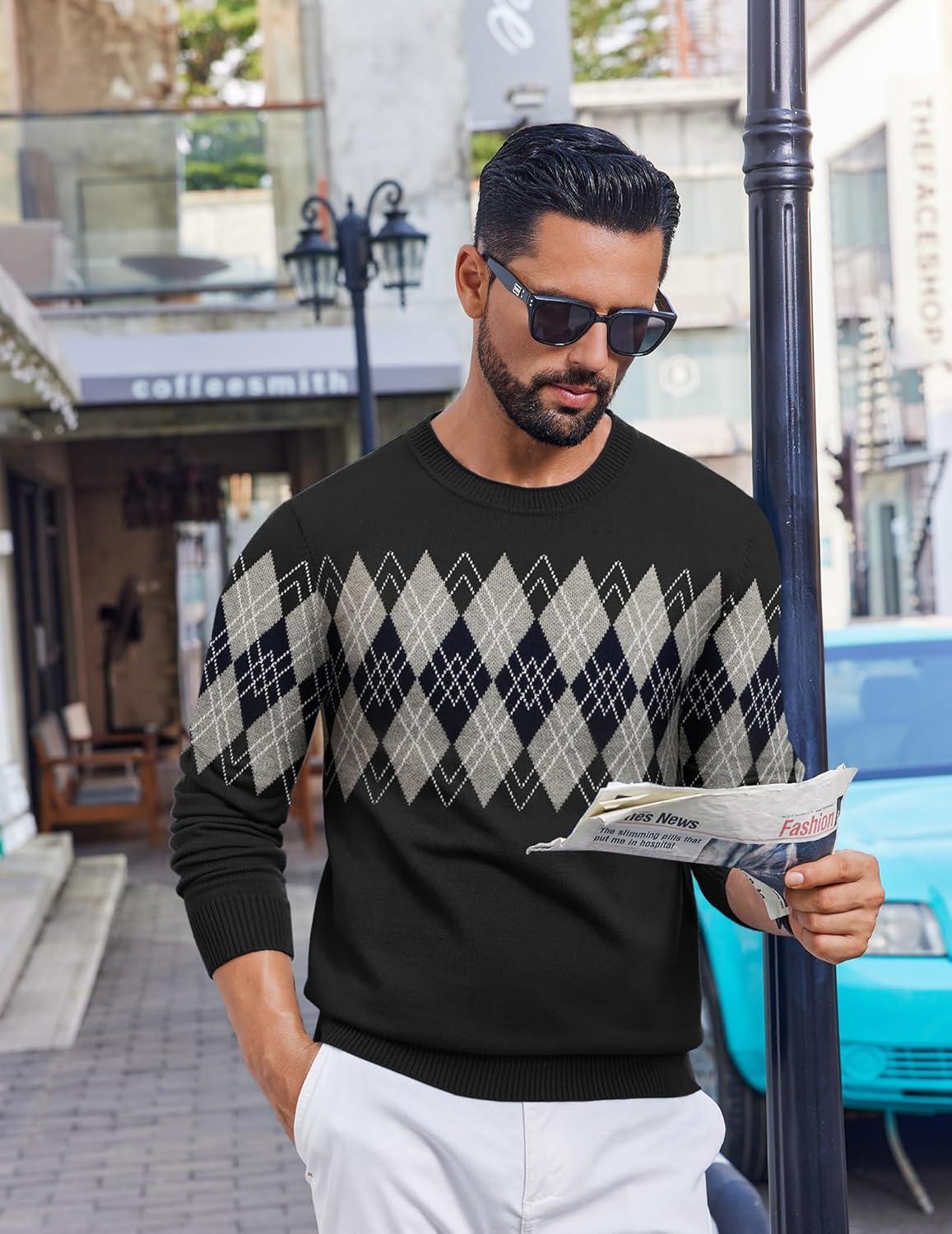imageCOOFANDY Mens Crewneck Sweater Pullover Knit Sweater Lightweight Sweaters with Ribbing EdgeArgyle Black