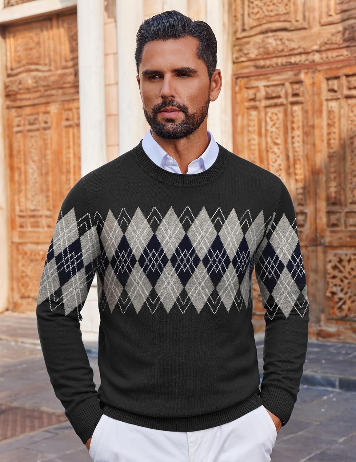 imageCOOFANDY Mens Crewneck Sweater Pullover Knit Sweater Lightweight Sweaters with Ribbing EdgeArgyle Black