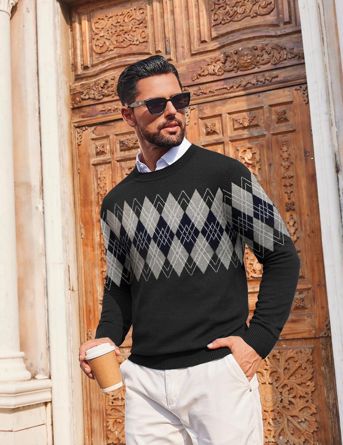 imageCOOFANDY Mens Crewneck Sweater Pullover Knit Sweater Lightweight Sweaters with Ribbing EdgeArgyle Black