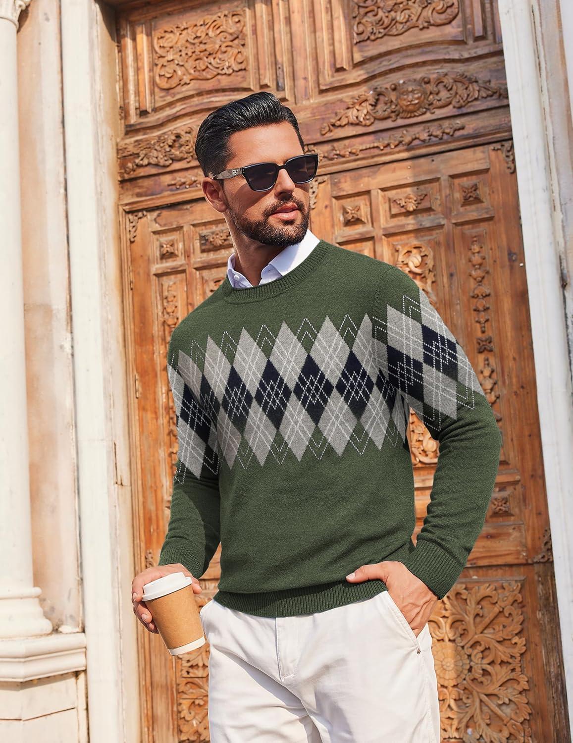 imageCOOFANDY Mens Crewneck Sweater Pullover Knit Sweater Lightweight Sweaters with Ribbing EdgeArgyle Green