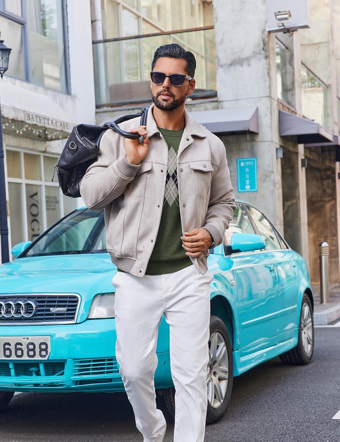 imageCOOFANDY Mens Crewneck Sweater Pullover Knit Sweater Lightweight Sweaters with Ribbing EdgeArgyle Green