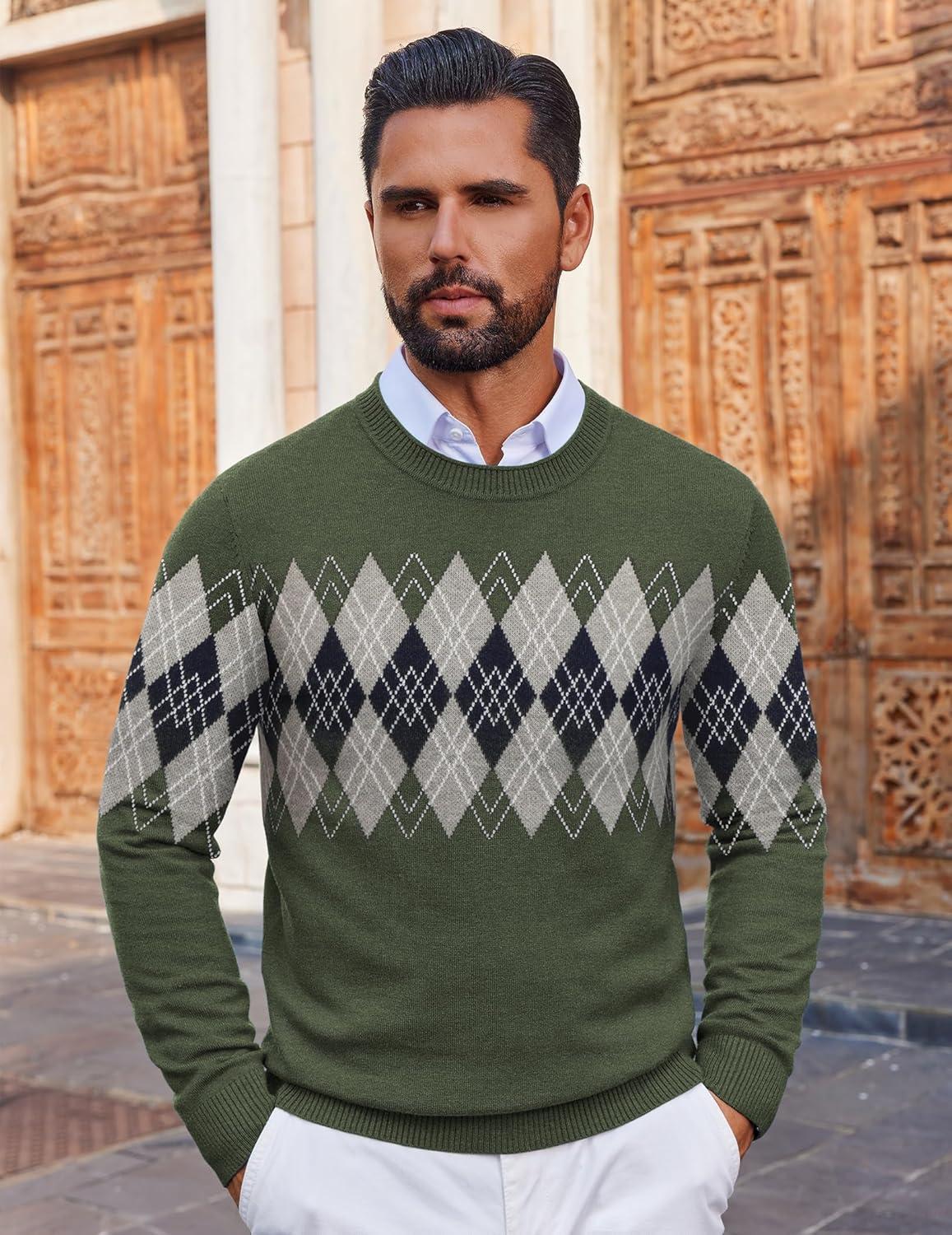 imageCOOFANDY Mens Crewneck Sweater Pullover Knit Sweater Lightweight Sweaters with Ribbing EdgeArgyle Green