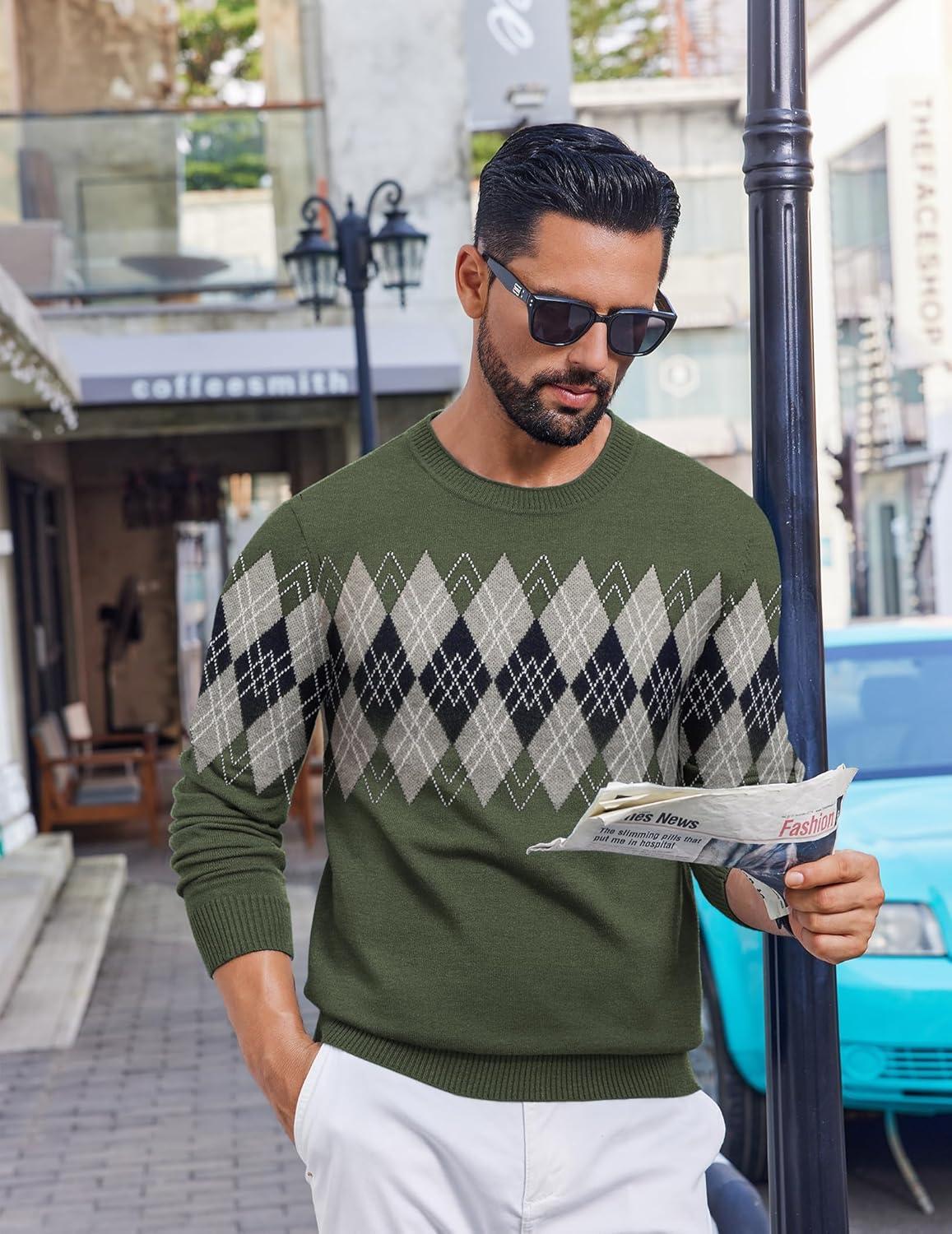 imageCOOFANDY Mens Crewneck Sweater Pullover Knit Sweater Lightweight Sweaters with Ribbing EdgeArgyle Green