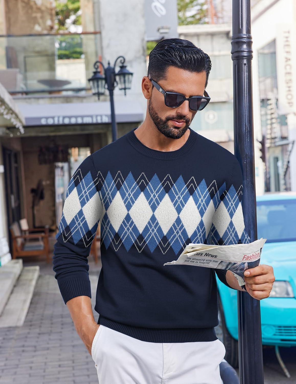 imageCOOFANDY Mens Crewneck Sweater Pullover Knit Sweater Lightweight Sweaters with Ribbing EdgeArgyle Navy Blue