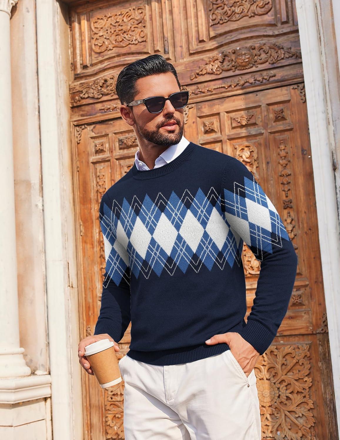 imageCOOFANDY Mens Crewneck Sweater Pullover Knit Sweater Lightweight Sweaters with Ribbing EdgeArgyle Navy Blue