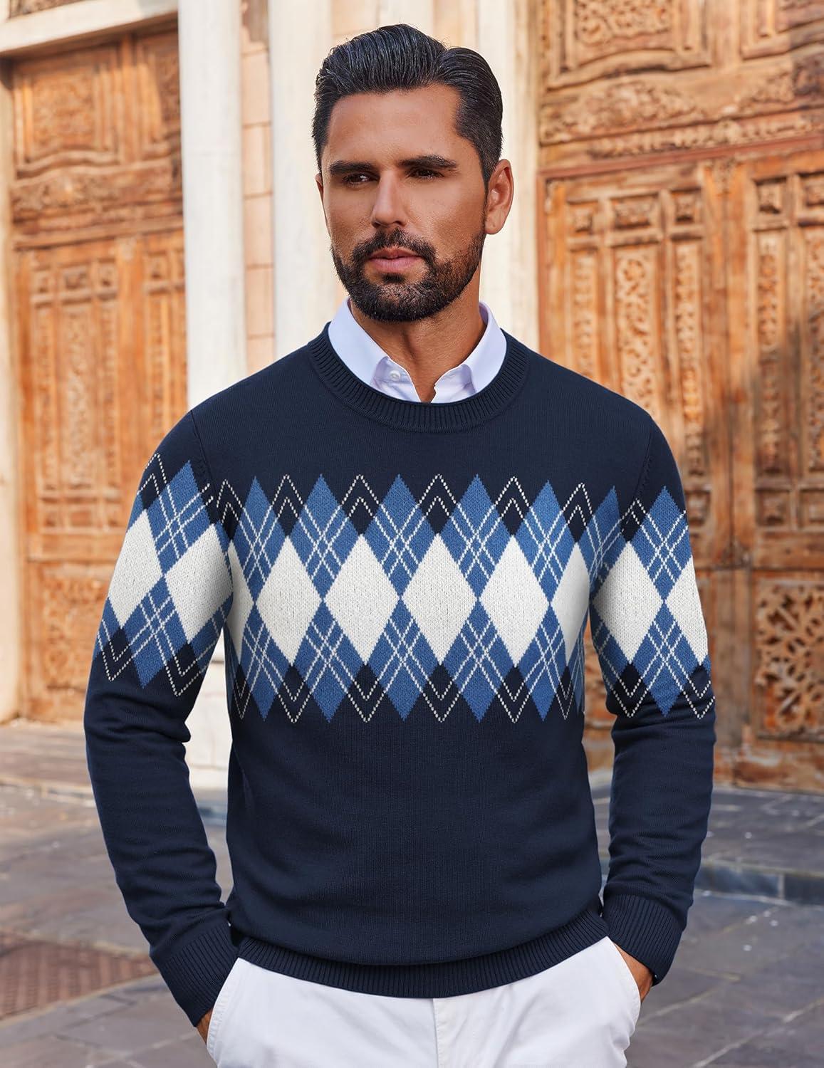 imageCOOFANDY Mens Crewneck Sweater Pullover Knit Sweater Lightweight Sweaters with Ribbing EdgeArgyle Navy Blue