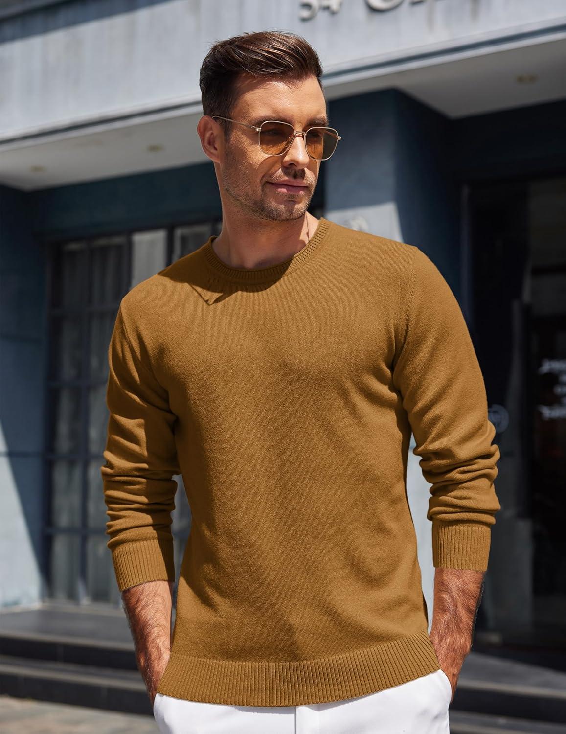 imageCOOFANDY Mens Crewneck Sweater Pullover Knit Sweater Lightweight Sweaters with Ribbing EdgeLight Brown
