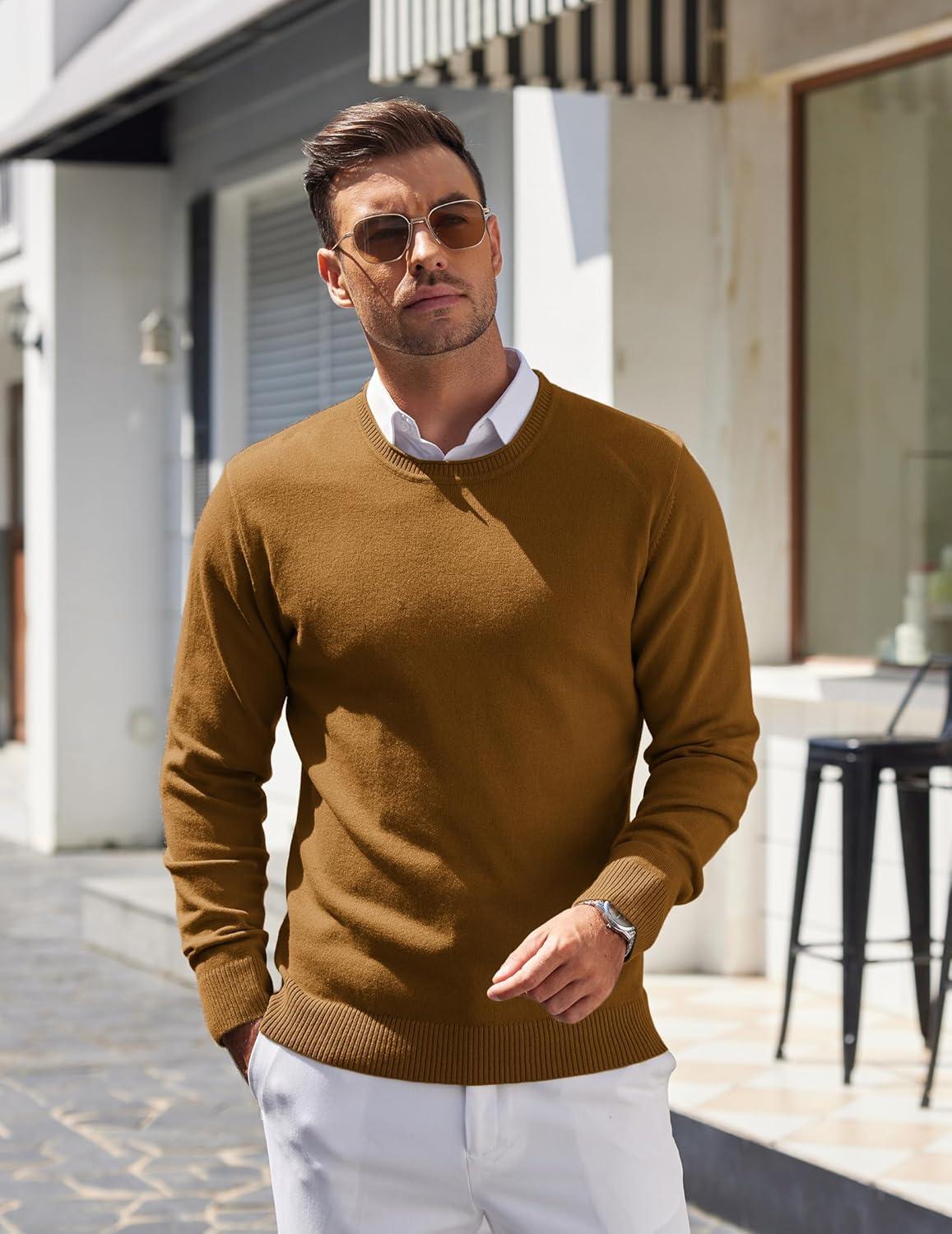 imageCOOFANDY Mens Crewneck Sweater Pullover Knit Sweater Lightweight Sweaters with Ribbing EdgeLight Brown