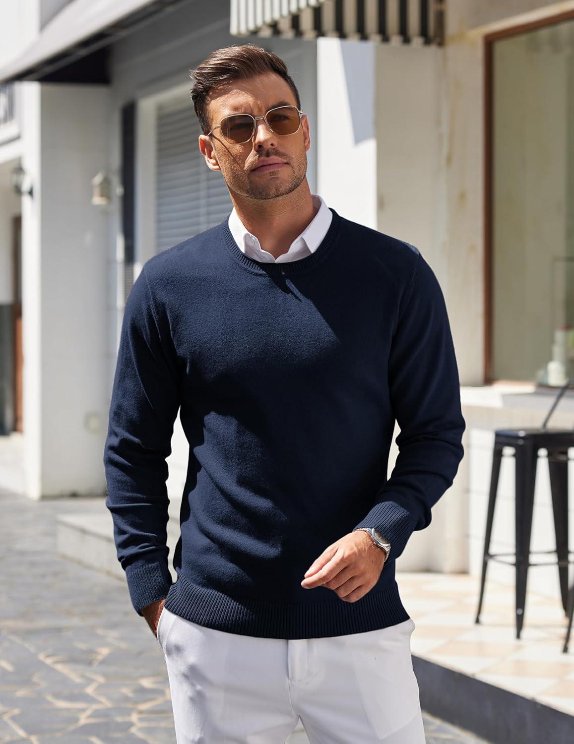 imageCOOFANDY Mens Crewneck Sweater Pullover Knit Sweater Lightweight Sweaters with Ribbing EdgeNavy Blue