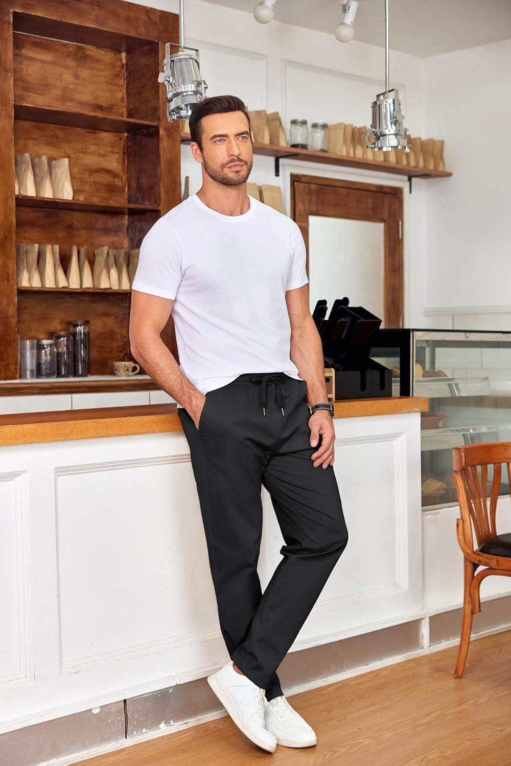 imageCOOFANDY Mens Drawstring Casual Pants Cotton Twill Elastic Waist Chino PantsBlack