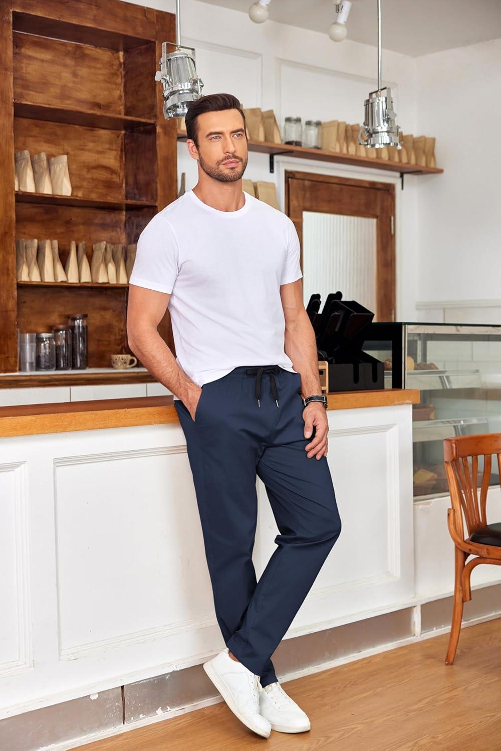 imageCOOFANDY Mens Drawstring Casual Pants Cotton Twill Elastic Waist Chino PantsNavy