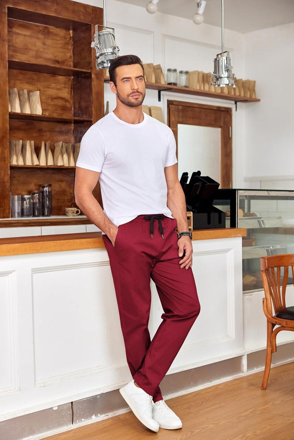 imageCOOFANDY Mens Drawstring Casual Pants Cotton Twill Elastic Waist Chino PantsRed