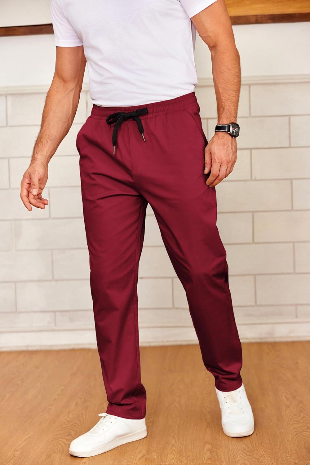 imageCOOFANDY Mens Drawstring Casual Pants Cotton Twill Elastic Waist Chino PantsRed