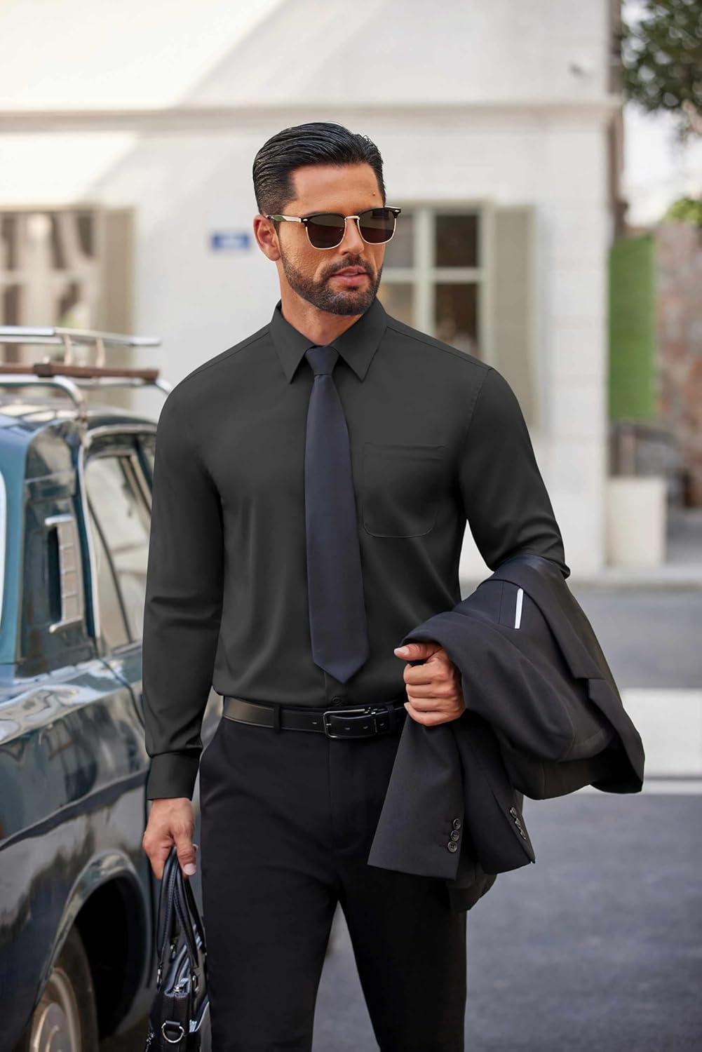 imageCOOFANDY Mens Dress Shirt Solid Long Sleeve Wrinkle Free Formal Shirt Business Button Down Shirts with PocketBlack