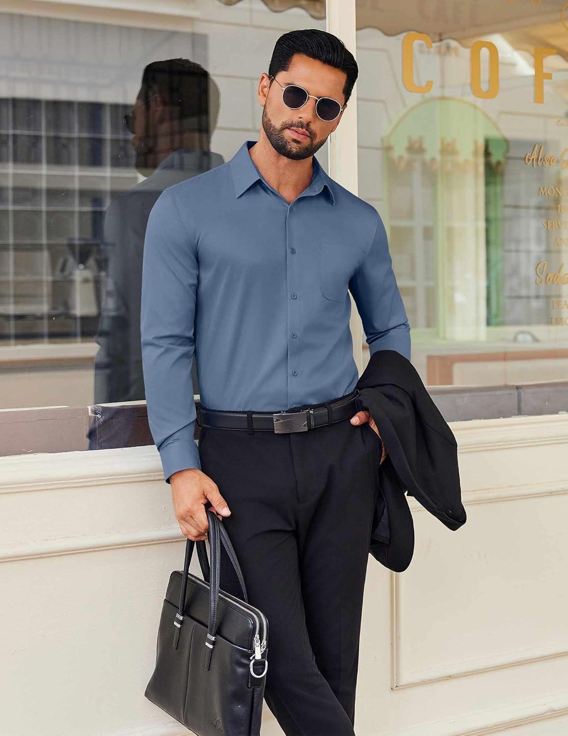 imageCOOFANDY Mens Dress Shirt Solid Long Sleeve Wrinkle Free Formal Shirt Business Button Down Shirts with PocketGrey Blue