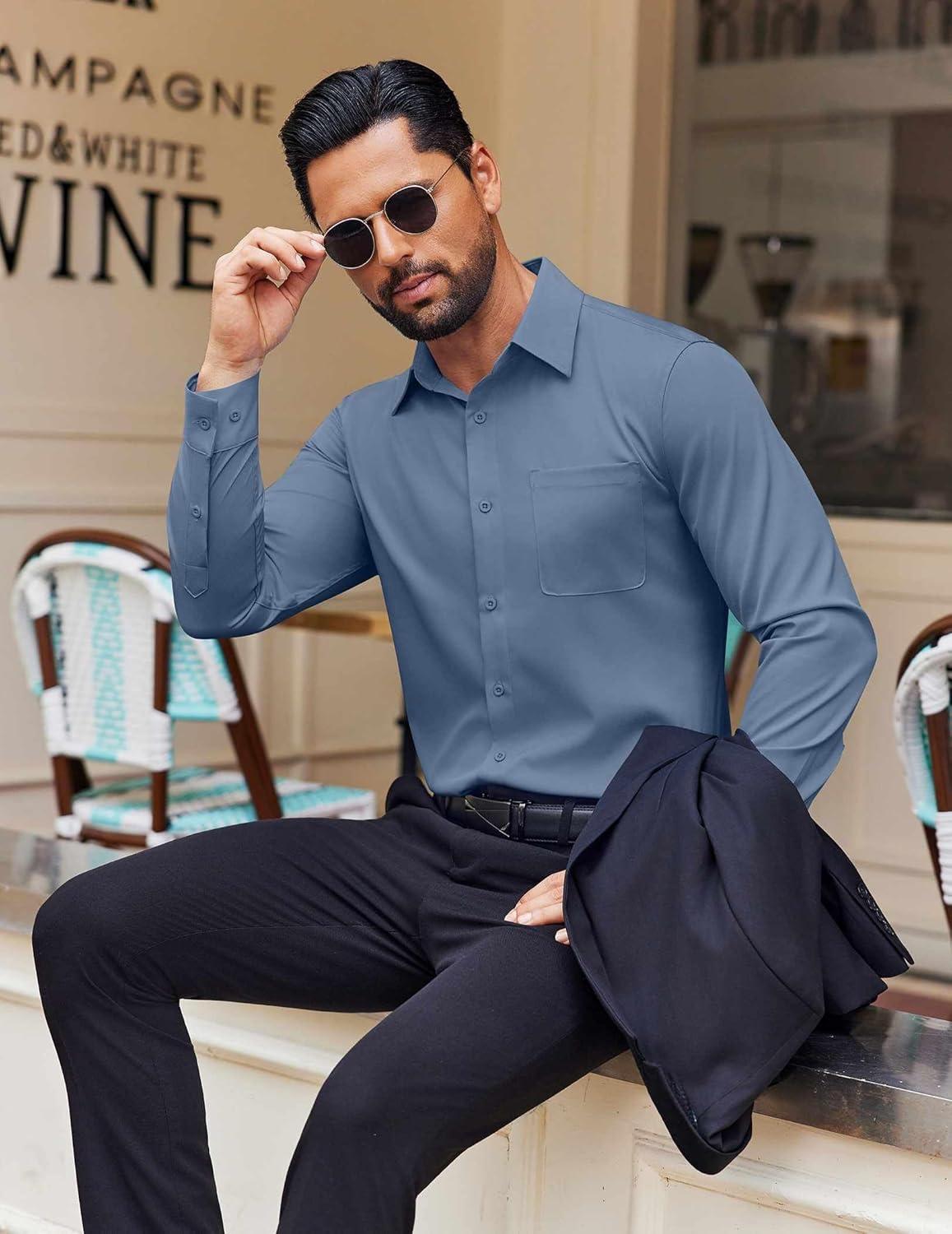 imageCOOFANDY Mens Dress Shirt Solid Long Sleeve Wrinkle Free Formal Shirt Business Button Down Shirts with PocketGrey Blue