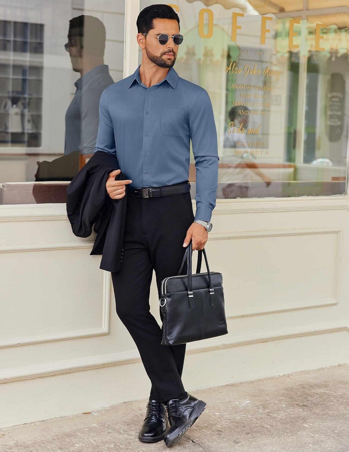 imageCOOFANDY Mens Dress Shirt Solid Long Sleeve Wrinkle Free Formal Shirt Business Button Down Shirts with PocketGrey Blue