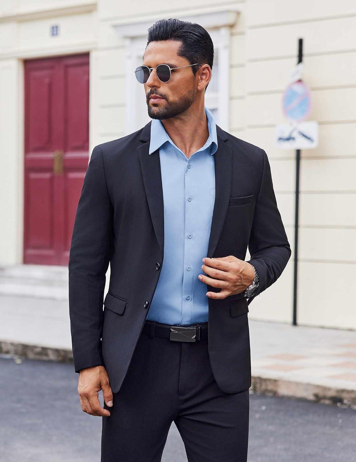 imageCOOFANDY Mens Dress Shirt Solid Long Sleeve Wrinkle Free Formal Shirt Business Button Down Shirts with PocketLight Blue