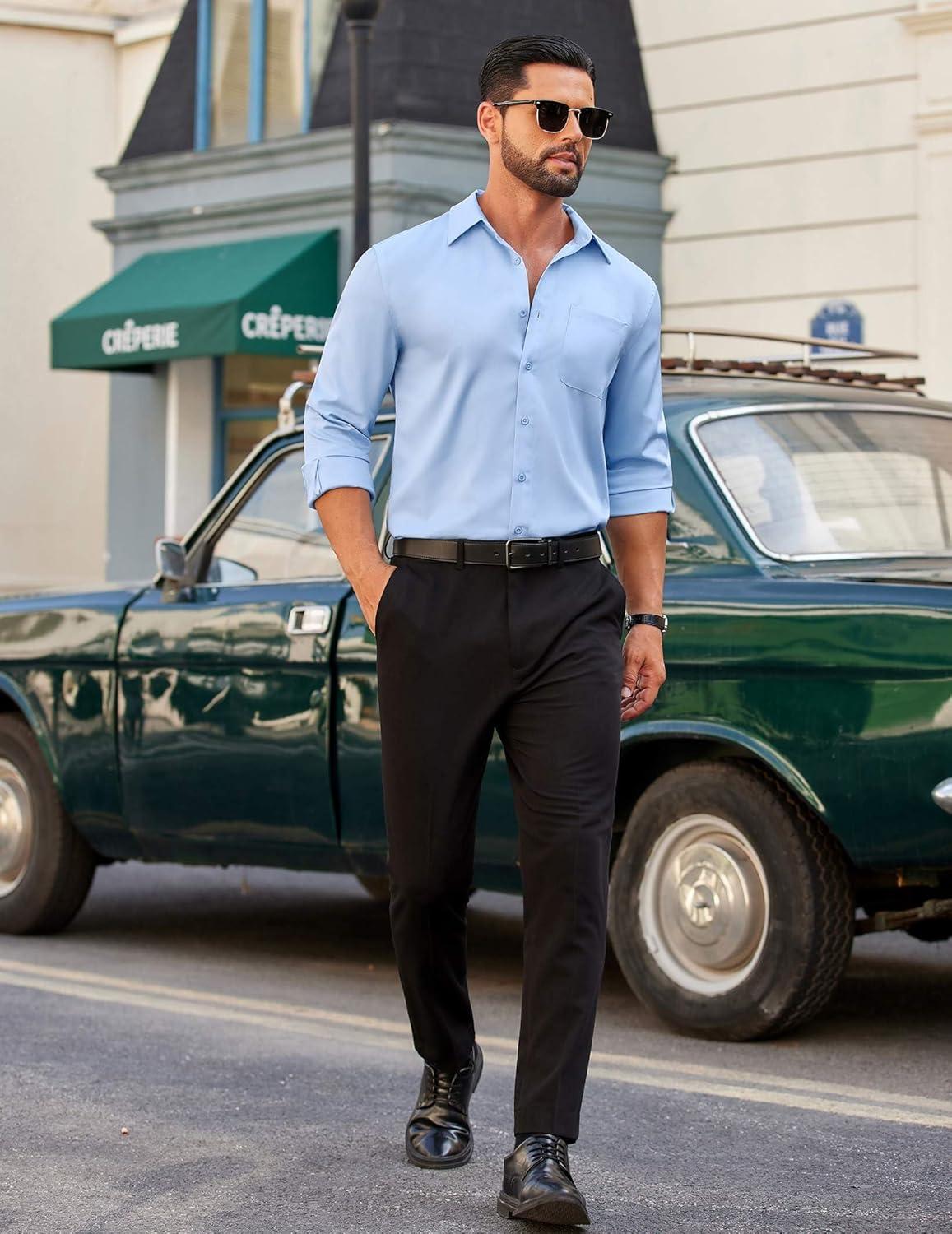 imageCOOFANDY Mens Dress Shirt Solid Long Sleeve Wrinkle Free Formal Shirt Business Button Down Shirts with PocketLight Blue