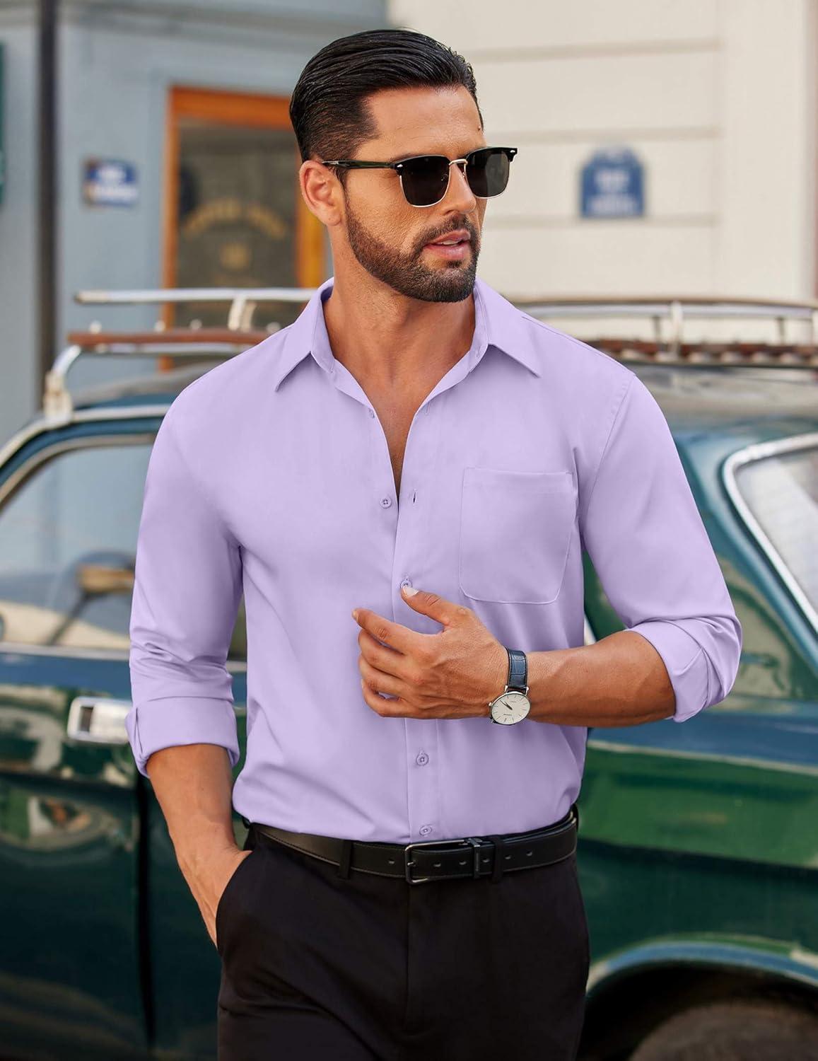 imageCOOFANDY Mens Dress Shirt Solid Long Sleeve Wrinkle Free Formal Shirt Business Button Down Shirts with PocketLight Purple