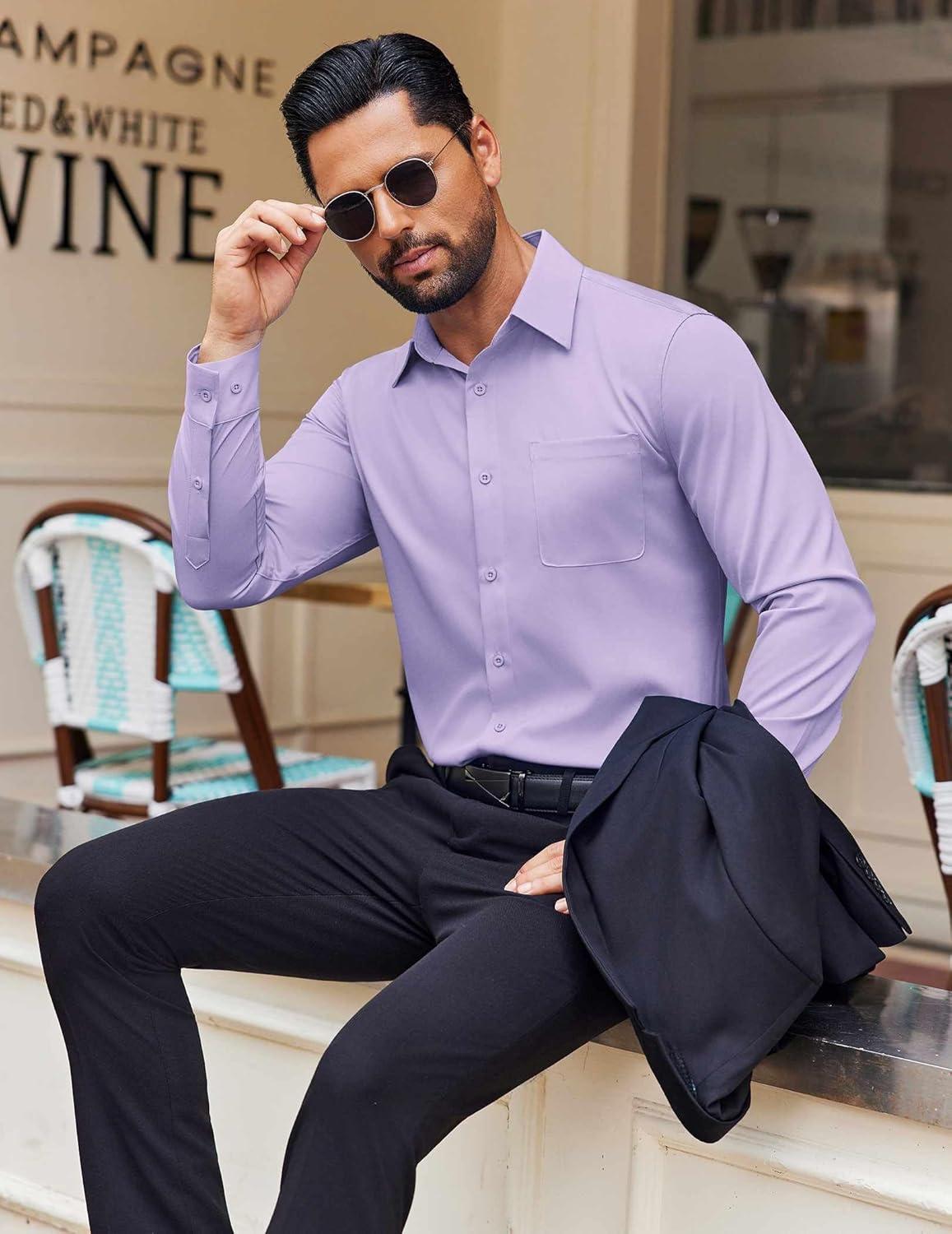 imageCOOFANDY Mens Dress Shirt Solid Long Sleeve Wrinkle Free Formal Shirt Business Button Down Shirts with PocketLight Purple