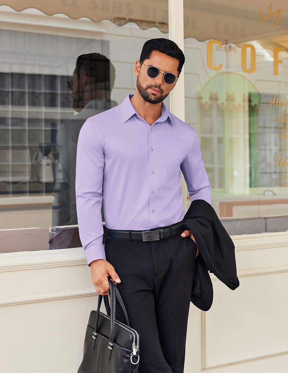 imageCOOFANDY Mens Dress Shirt Solid Long Sleeve Wrinkle Free Formal Shirt Business Button Down Shirts with PocketLight Purple