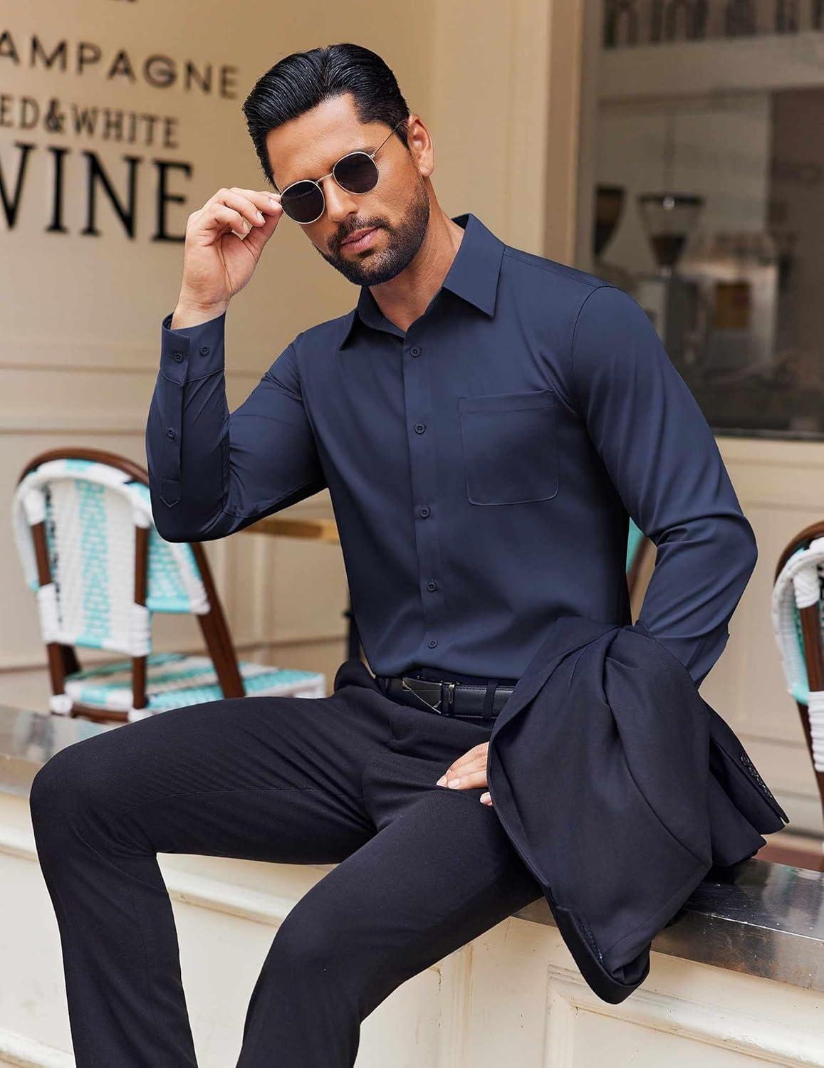 imageCOOFANDY Mens Dress Shirt Solid Long Sleeve Wrinkle Free Formal Shirt Business Button Down Shirts with PocketNavy Blue