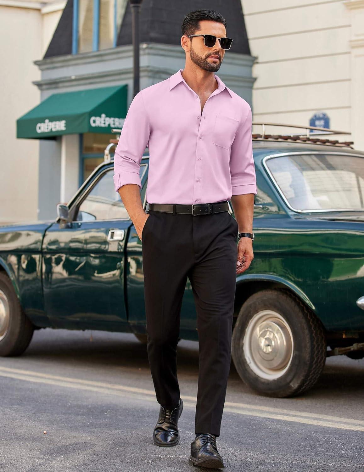 imageCOOFANDY Mens Dress Shirt Solid Long Sleeve Wrinkle Free Formal Shirt Business Button Down Shirts with PocketPink