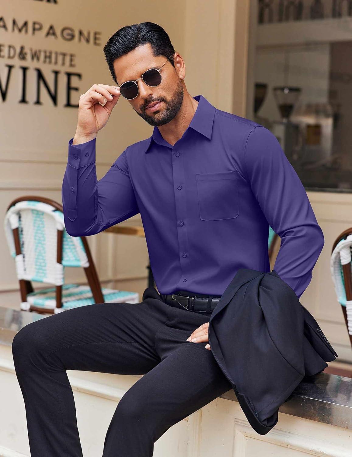 imageCOOFANDY Mens Dress Shirt Solid Long Sleeve Wrinkle Free Formal Shirt Business Button Down Shirts with PocketPurple