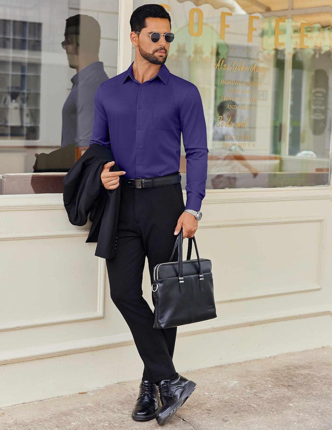 imageCOOFANDY Mens Dress Shirt Solid Long Sleeve Wrinkle Free Formal Shirt Business Button Down Shirts with PocketPurple