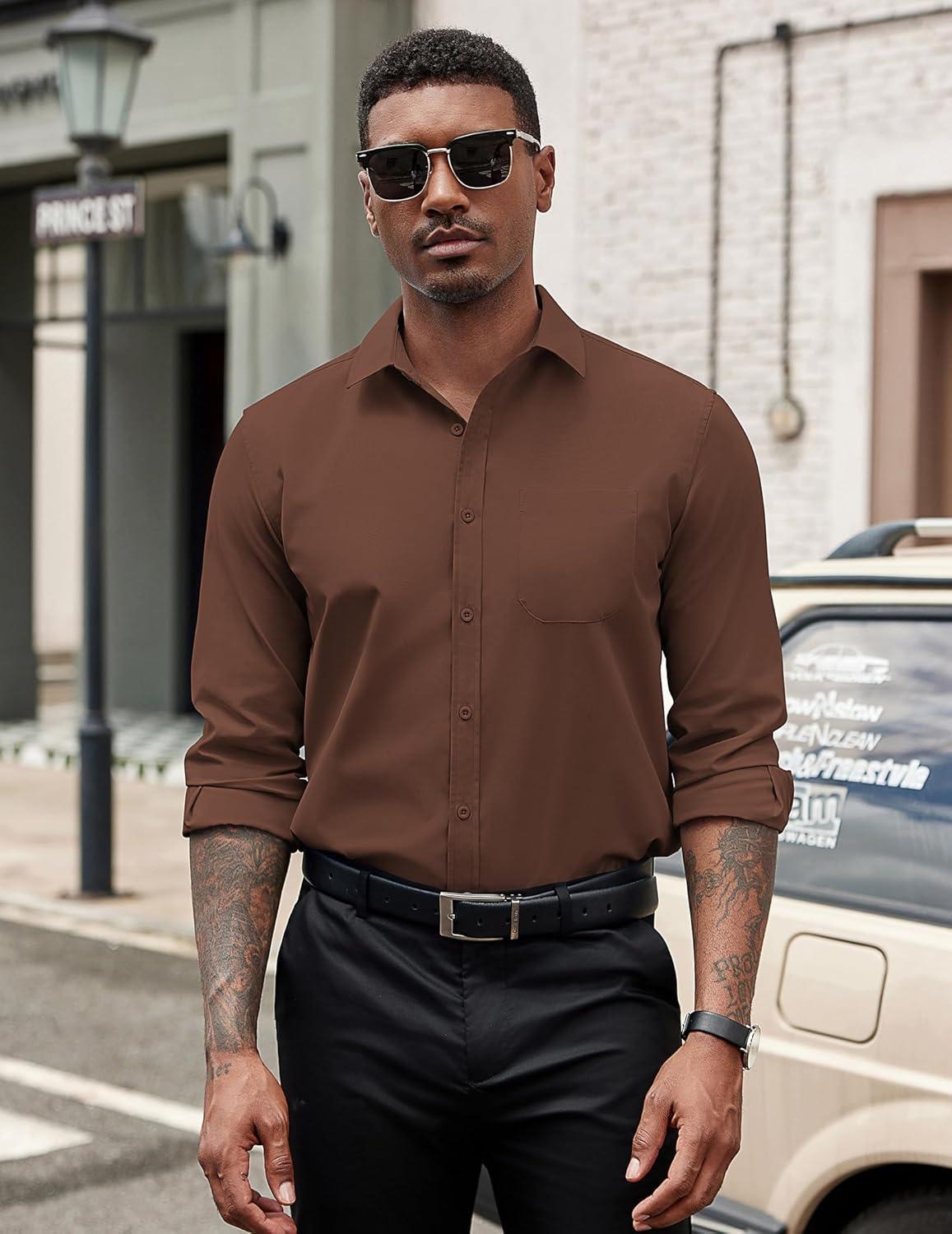 imageCOOFANDY Mens Dress Shirts Long Sleeve Button Down Formal Shirt Regular Fit Solid Business Casual ShirtsBrown