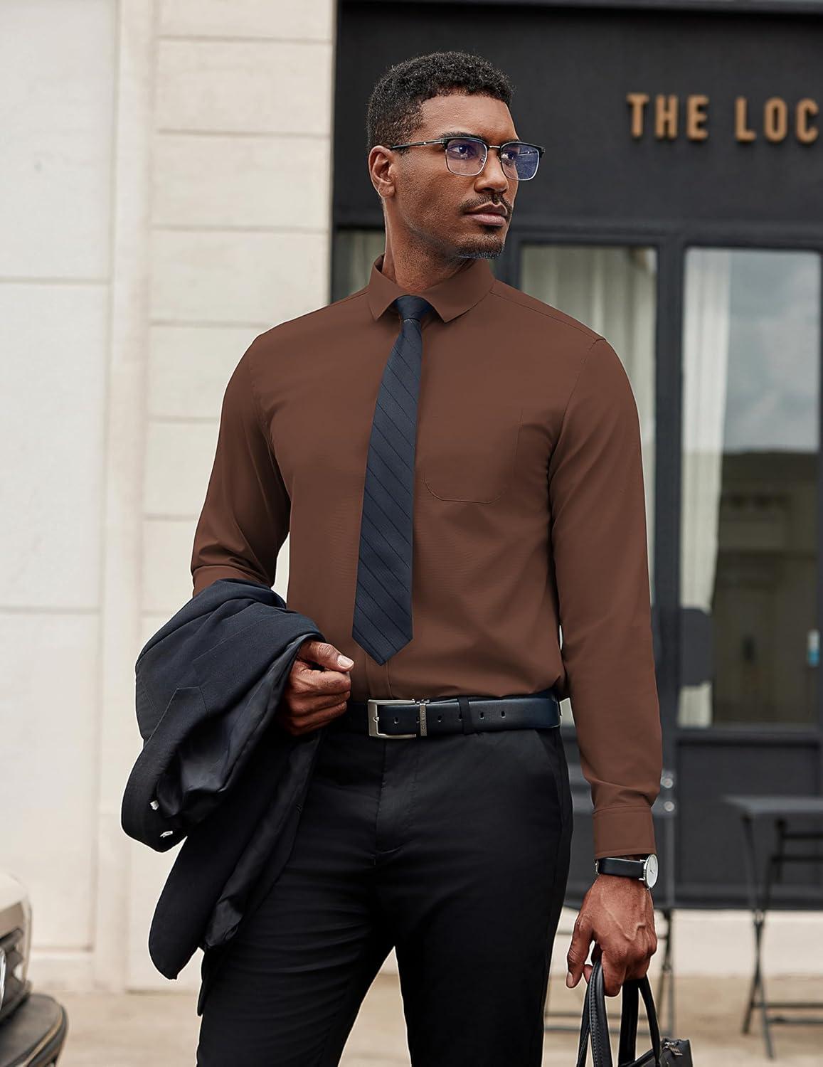 imageCOOFANDY Mens Dress Shirts Long Sleeve Button Down Formal Shirt Regular Fit Solid Business Casual ShirtsBrown