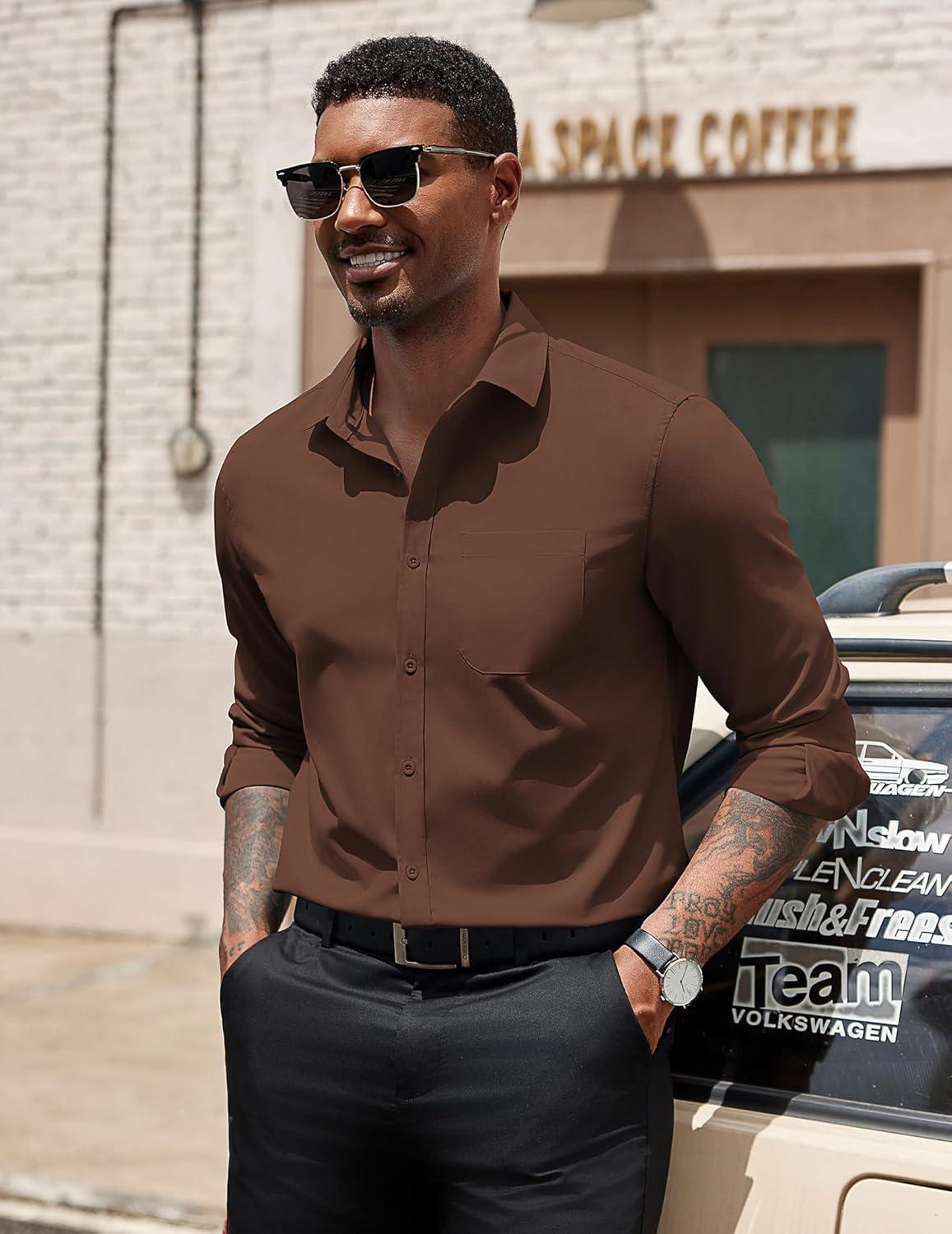 imageCOOFANDY Mens Dress Shirts Long Sleeve Button Down Formal Shirt Regular Fit Solid Business Casual ShirtsBrown