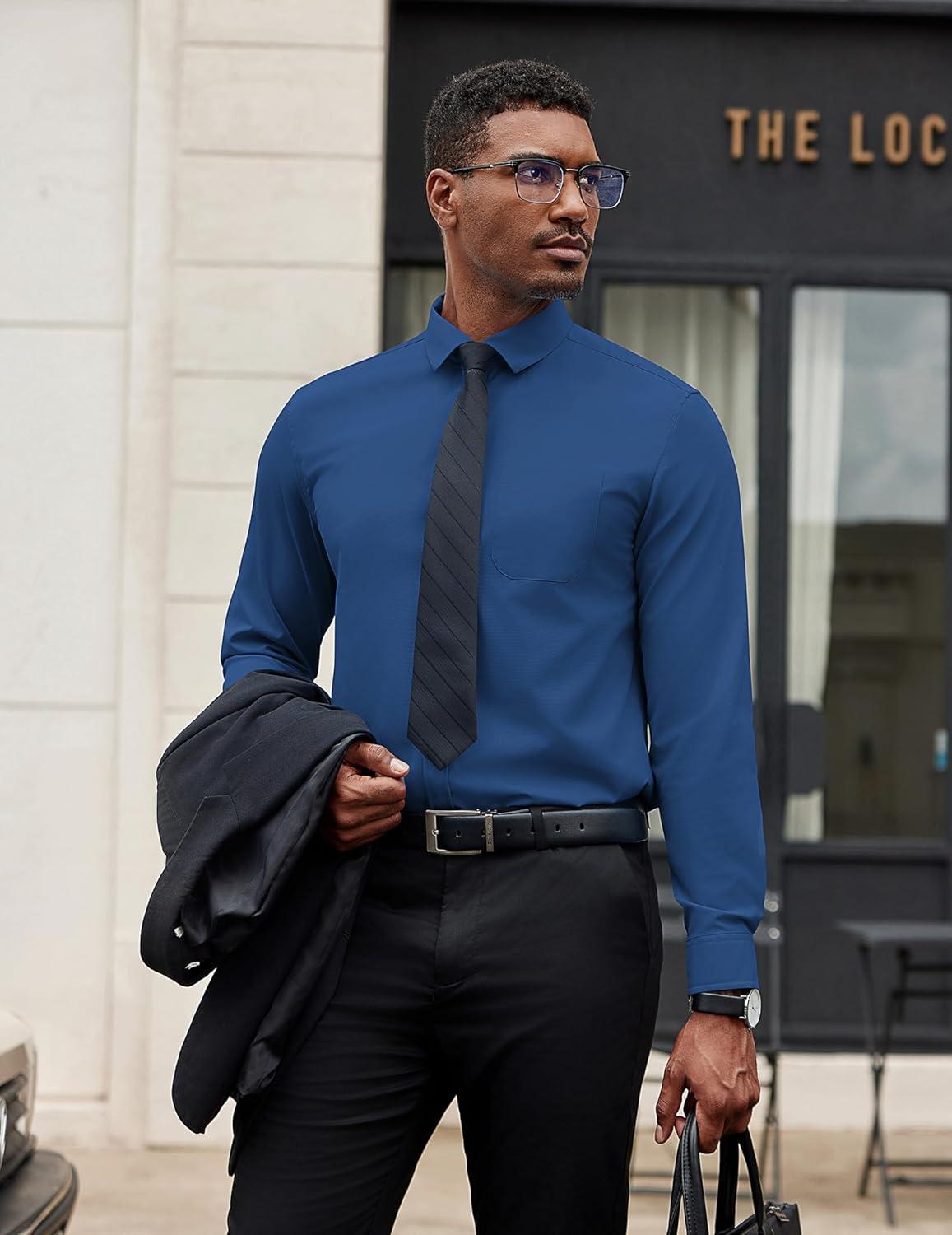 imageCOOFANDY Mens Dress Shirts Long Sleeve Button Down Formal Shirt Regular Fit Solid Business Casual ShirtsDark Blue