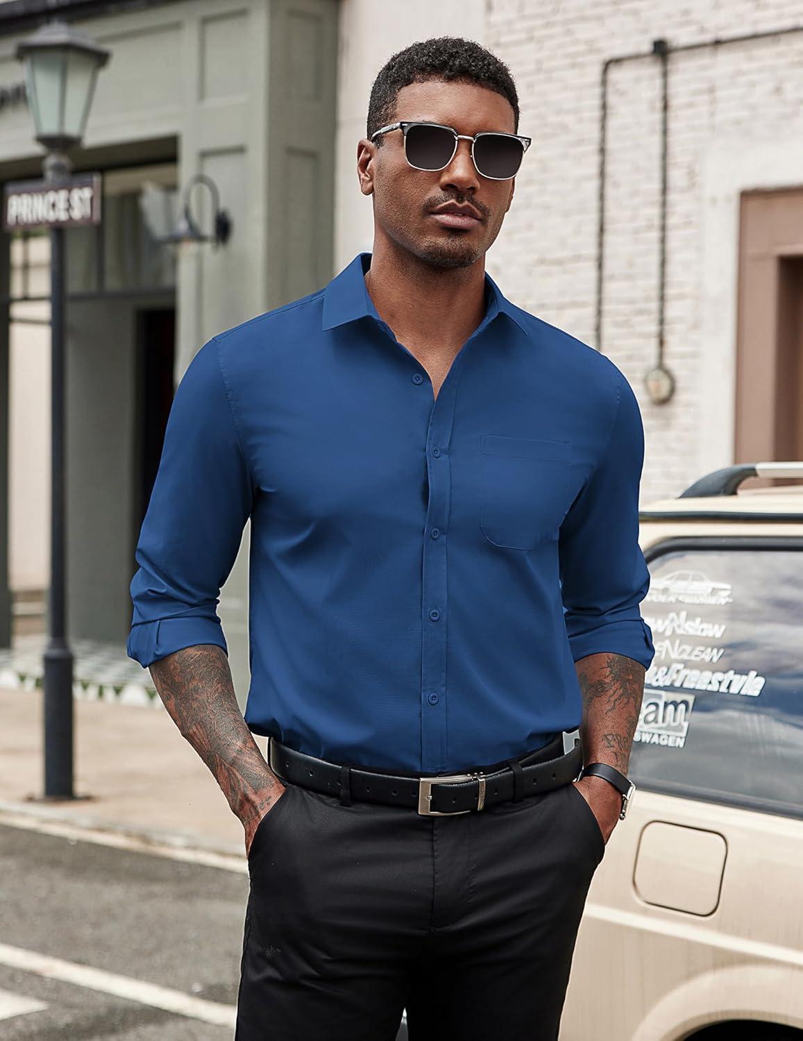 imageCOOFANDY Mens Dress Shirts Long Sleeve Button Down Formal Shirt Regular Fit Solid Business Casual ShirtsDark Blue