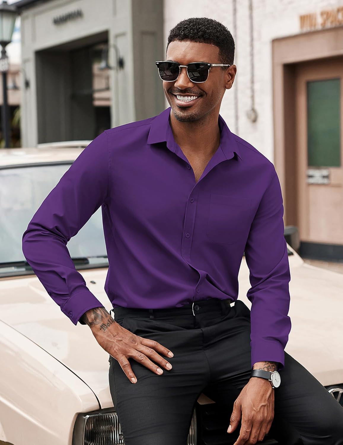 imageCOOFANDY Mens Dress Shirts Long Sleeve Button Down Formal Shirt Regular Fit Solid Business Casual ShirtsDark Purple