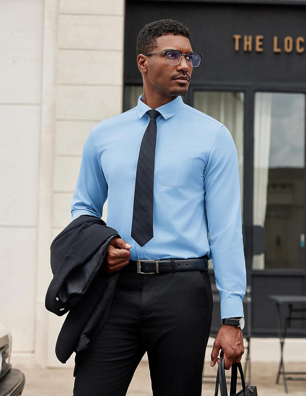 imageCOOFANDY Mens Dress Shirts Long Sleeve Button Down Formal Shirt Regular Fit Solid Business Casual ShirtsLight Blue