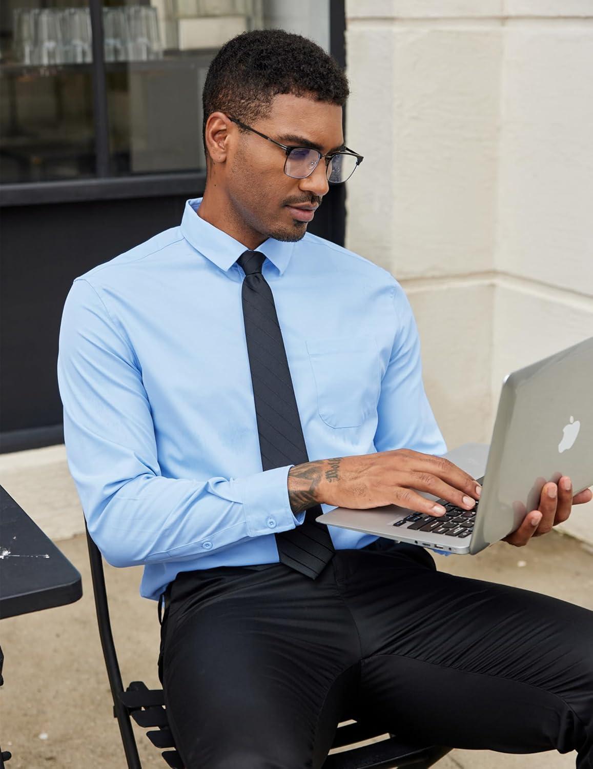 imageCOOFANDY Mens Dress Shirts Long Sleeve Button Down Formal Shirt Regular Fit Solid Business Casual ShirtsLight Blue