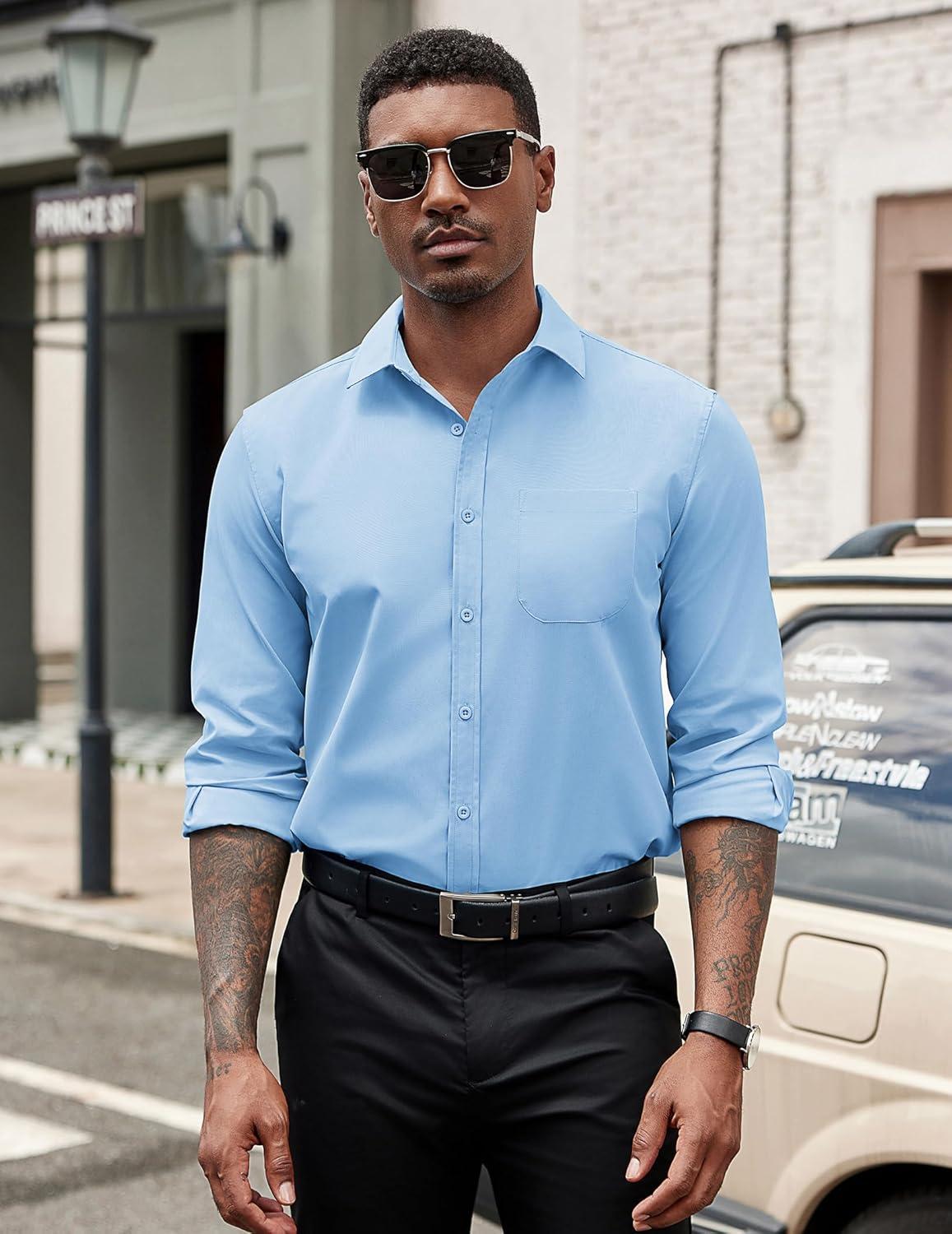 imageCOOFANDY Mens Dress Shirts Long Sleeve Button Down Formal Shirt Regular Fit Solid Business Casual ShirtsLight Blue