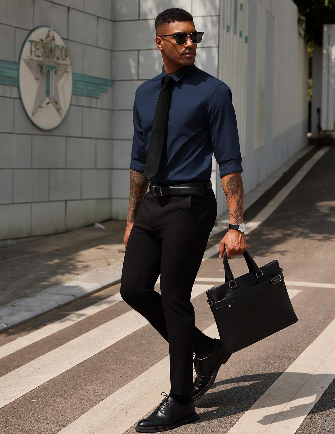 imageCOOFANDY Mens Dress Shirts Long Sleeve Button Down Formal Shirt Regular Fit Solid Business Casual ShirtsNavy Blue