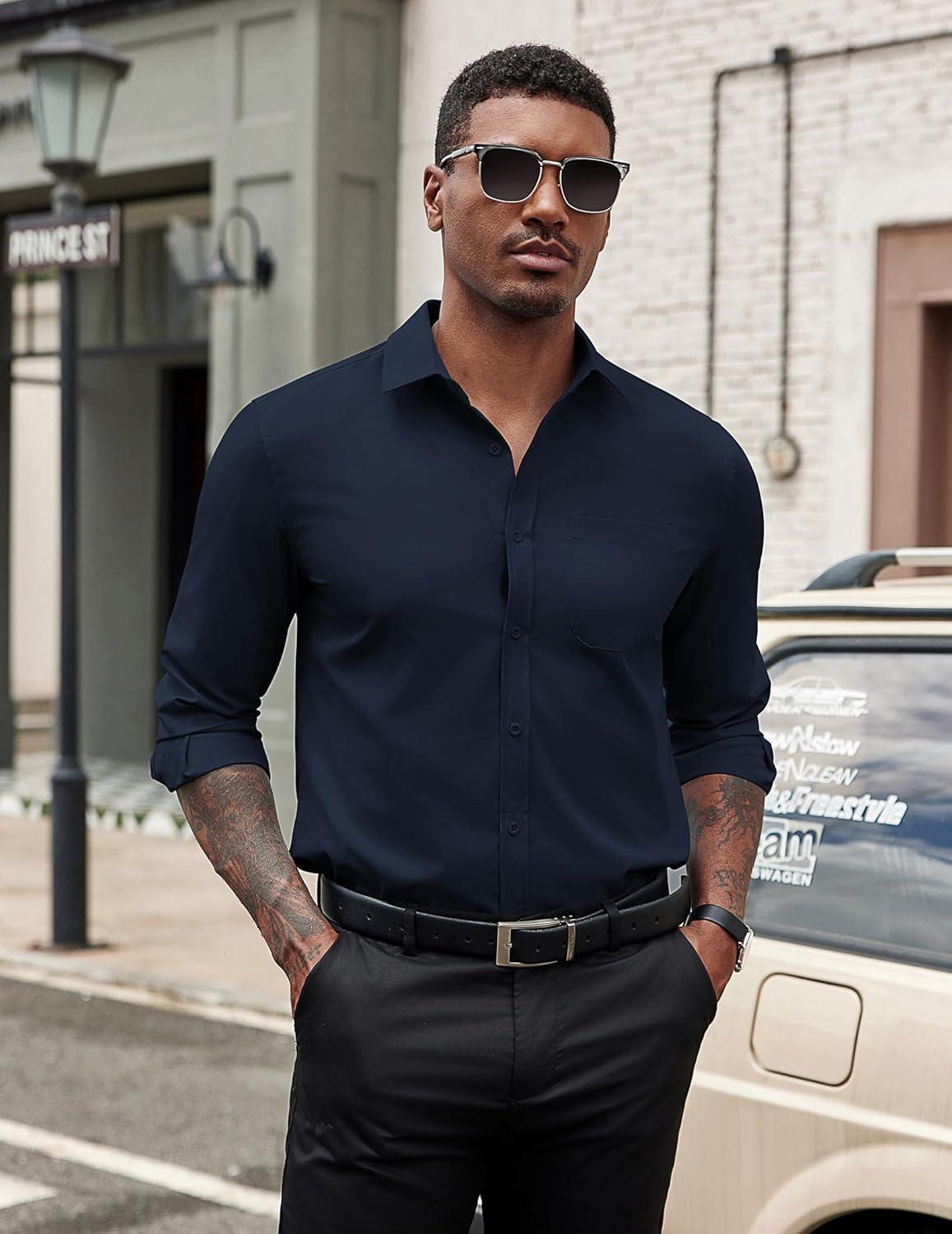 imageCOOFANDY Mens Dress Shirts Long Sleeve Button Down Formal Shirt Regular Fit Solid Business Casual ShirtsNavy Blue