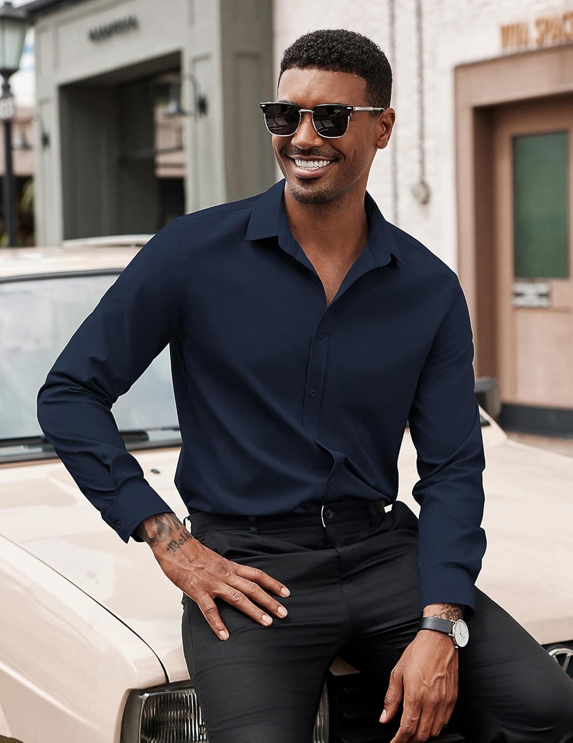 imageCOOFANDY Mens Dress Shirts Long Sleeve Button Down Formal Shirt Regular Fit Solid Business Casual ShirtsNavy Blue