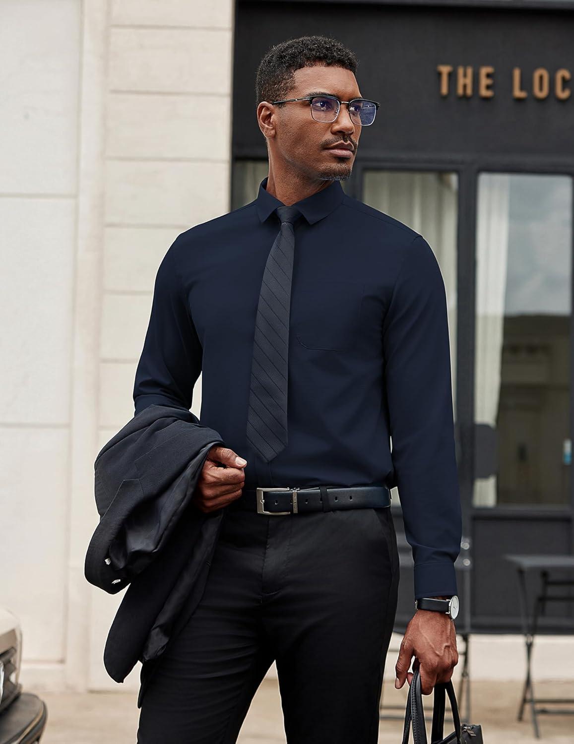 imageCOOFANDY Mens Dress Shirts Long Sleeve Button Down Formal Shirt Regular Fit Solid Business Casual ShirtsNavy Blue