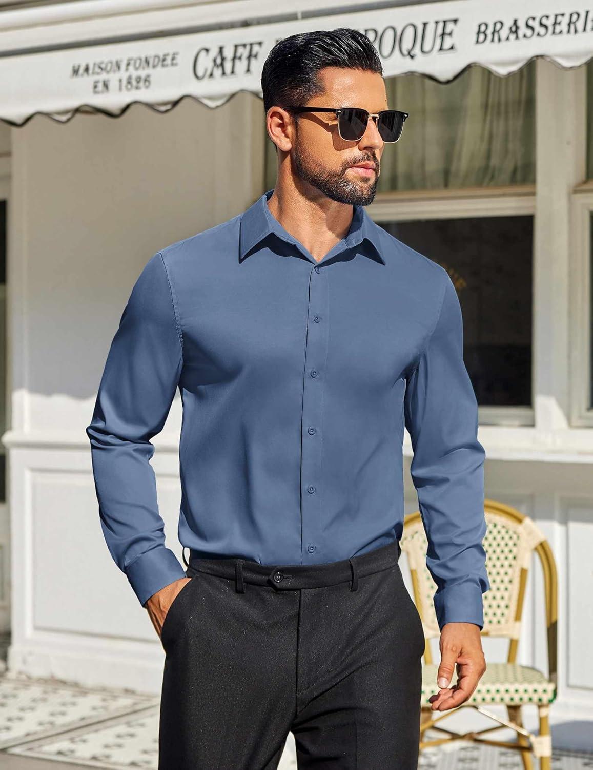 imageCOOFANDY Mens Dress Shirts Long Sleeve Button Down Shirts Regular Fit Business Casual ShirtsBlue