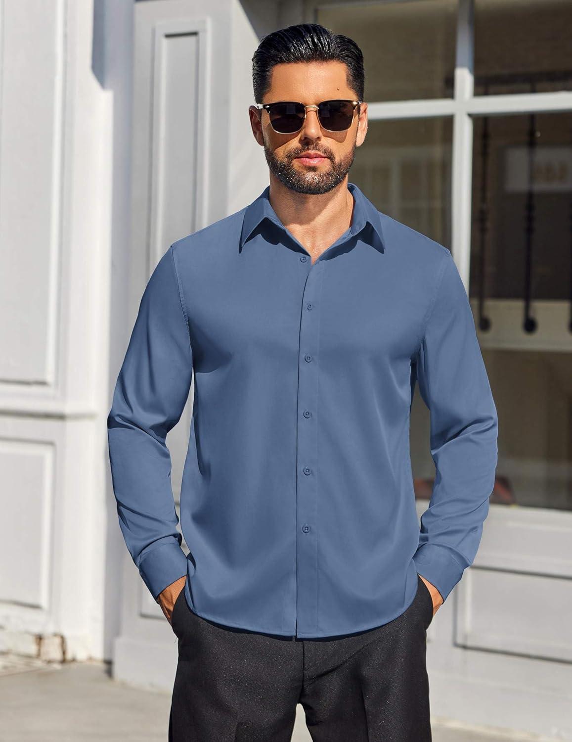 imageCOOFANDY Mens Dress Shirts Long Sleeve Button Down Shirts Regular Fit Business Casual ShirtsBlue