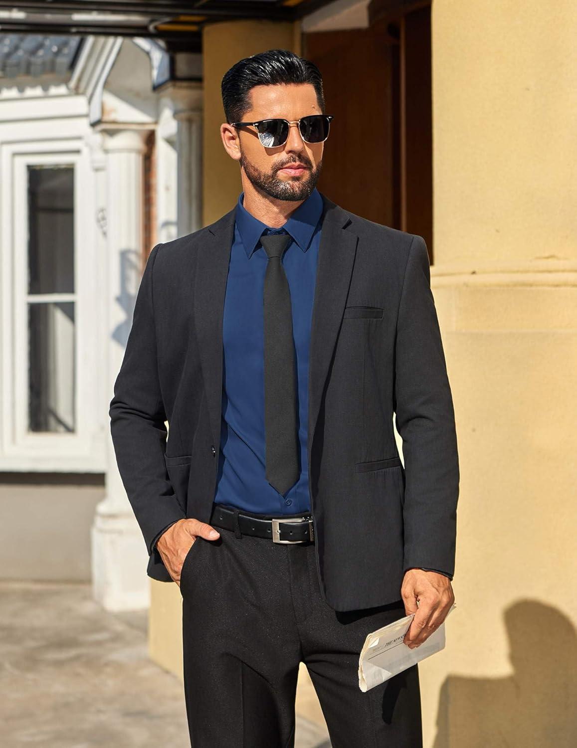 imageCOOFANDY Mens Dress Shirts Long Sleeve Button Down Shirts Regular Fit Business Casual ShirtsDenim Blue